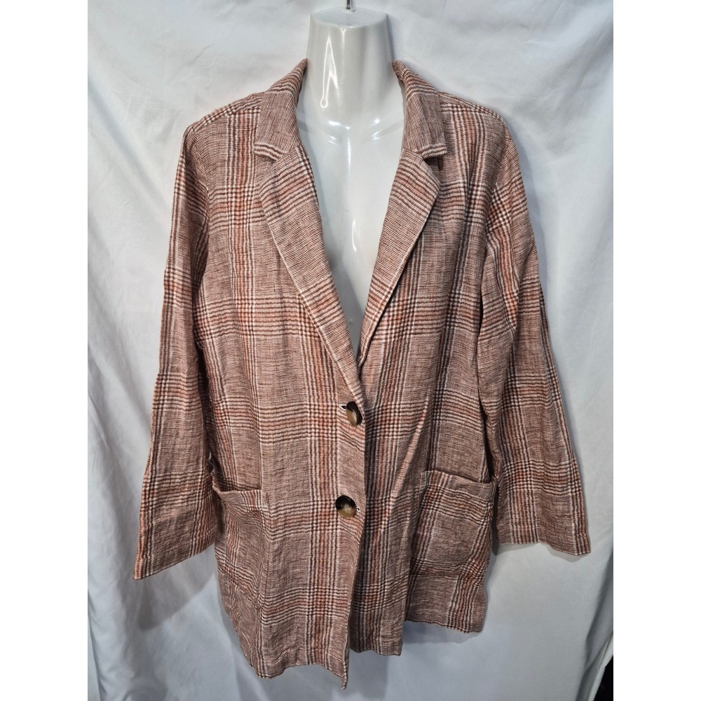 J. Jill Womens Brown Plaid Linen Cotton Blend Two Button Blazer Jacket Size M